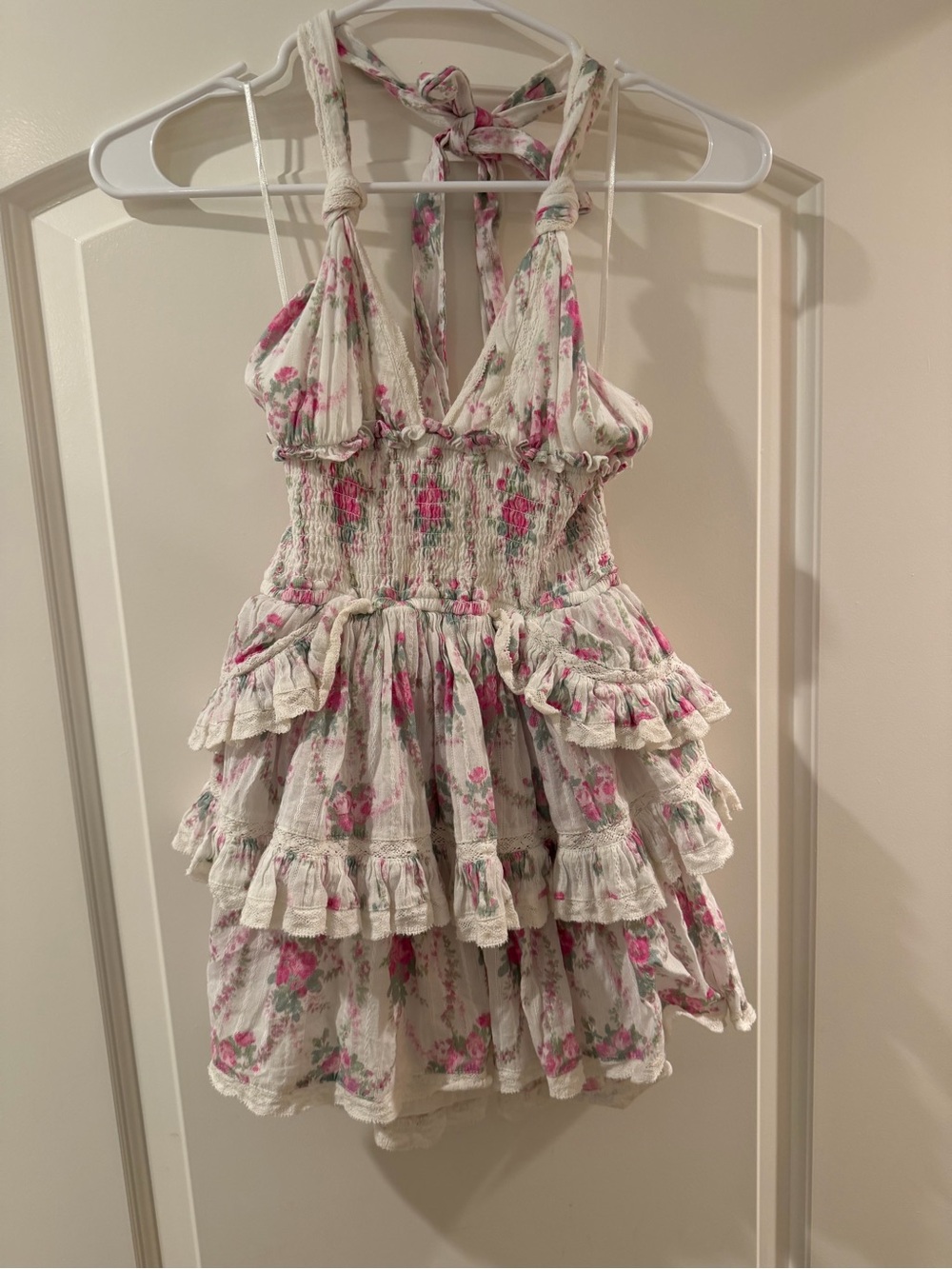 LoveShackFancy Pink Floral Ruffled Halter Dress
